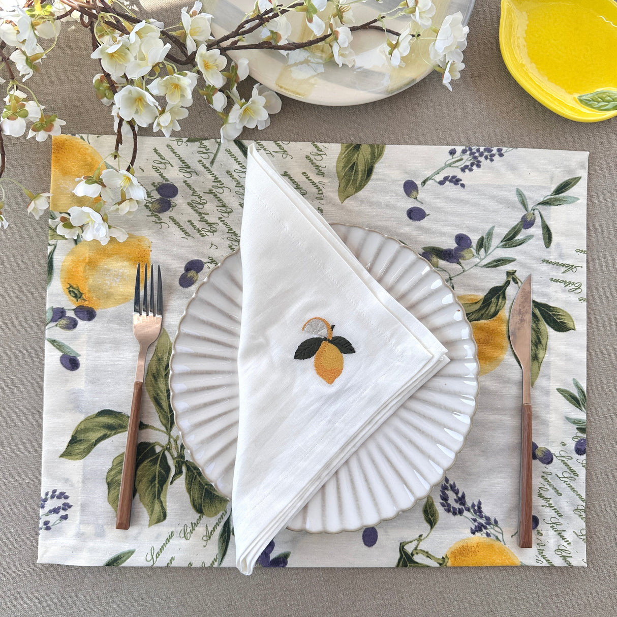 Servilleta lino blanco bordado Limones