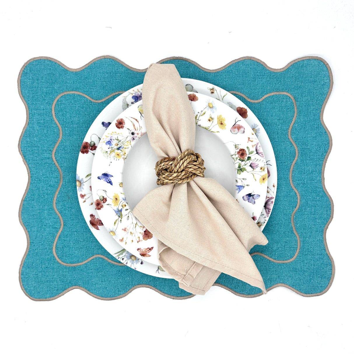 Individual antimanchas rectangular bordado ondas turquesa y beige