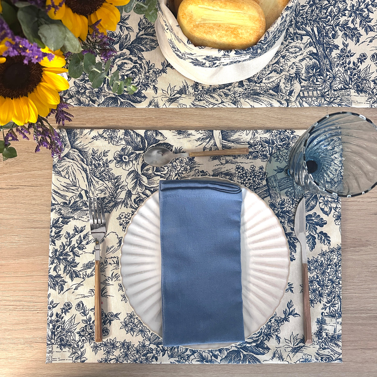 Set 4 Individuales antimanchas Toile de Jouy Azul