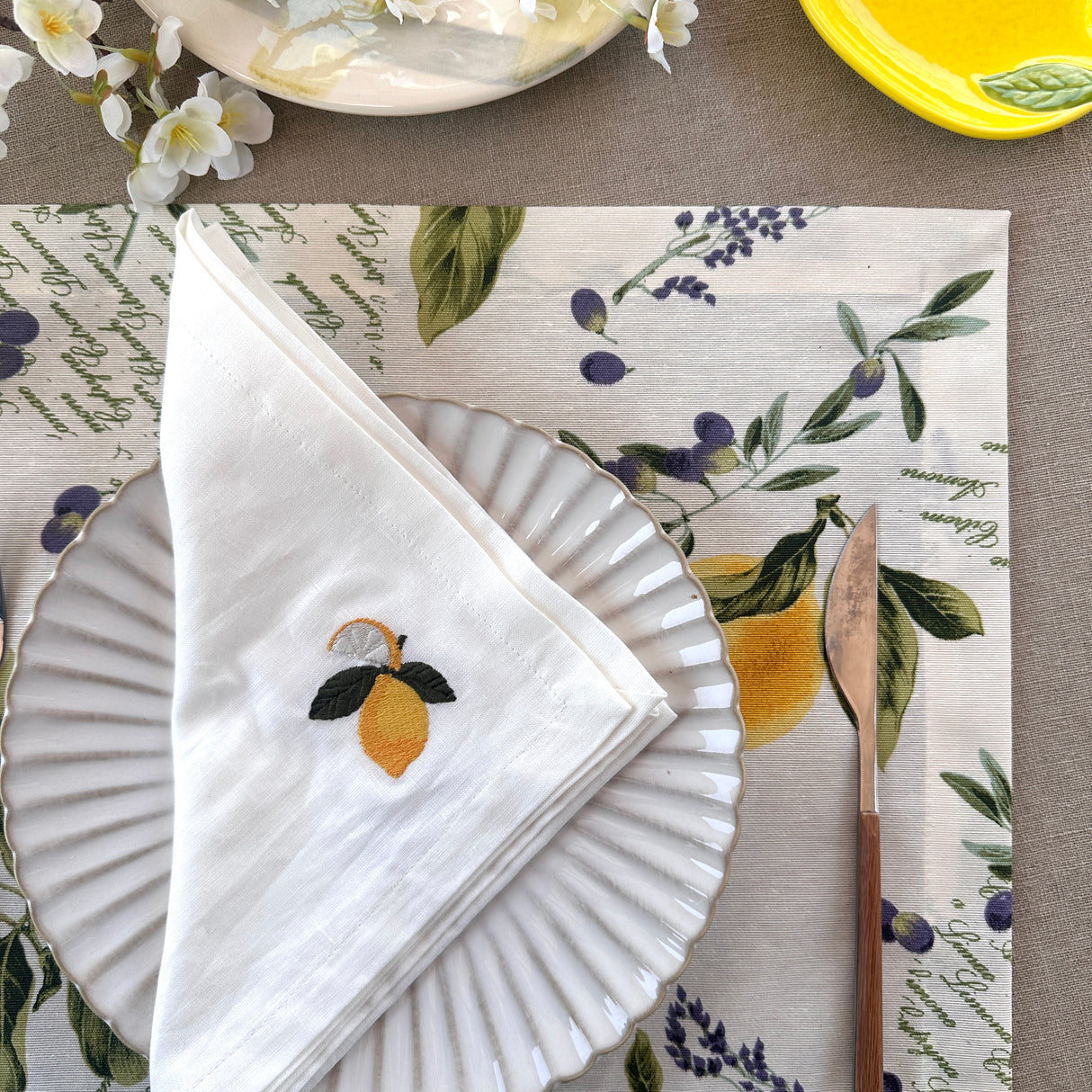 Servilleta lino blanco bordado Limones