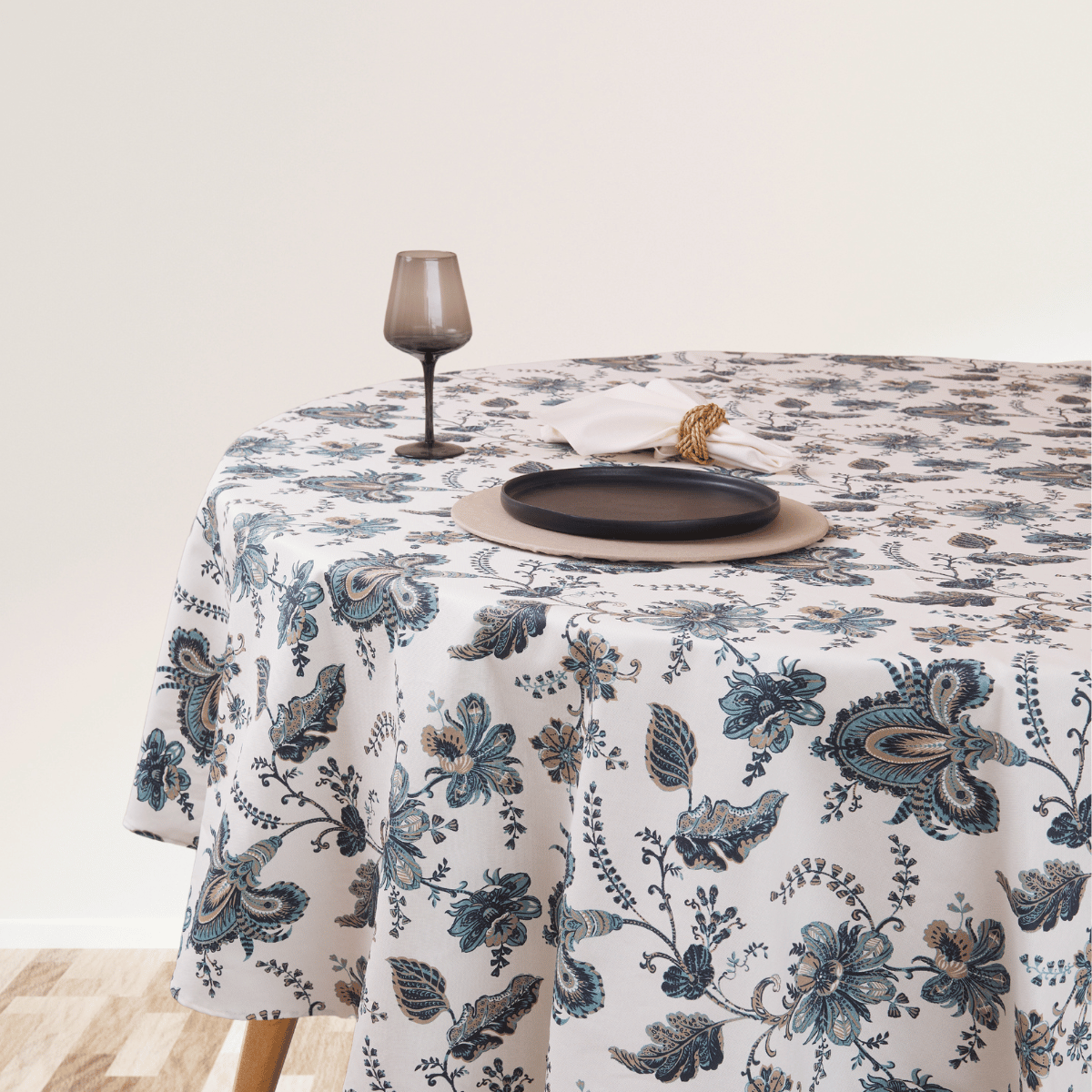 Mantel antimanchas redondo Flora azul