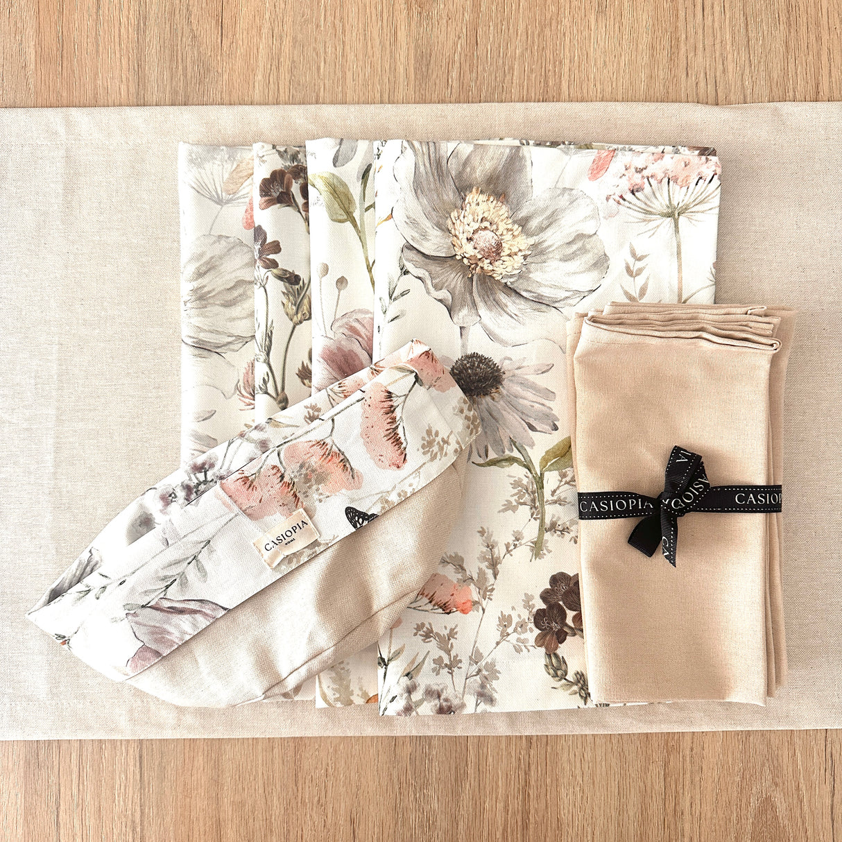 Set 4 Individuales antimanchas Natura+ Camino beige + Panera Natura + Servilletas beige