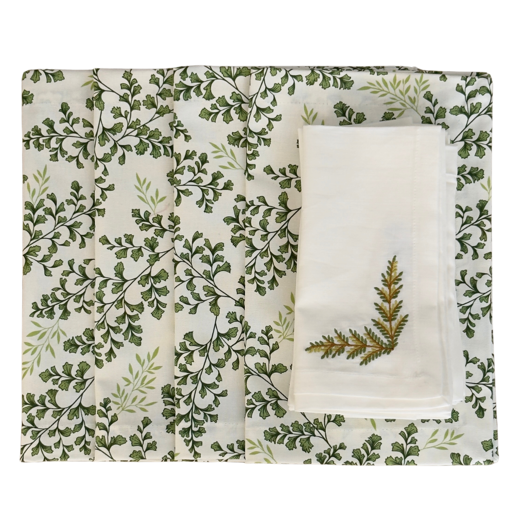 Set 4 Individuales antimanchas Helechos + 4 Servilletas lino bordado Hojas