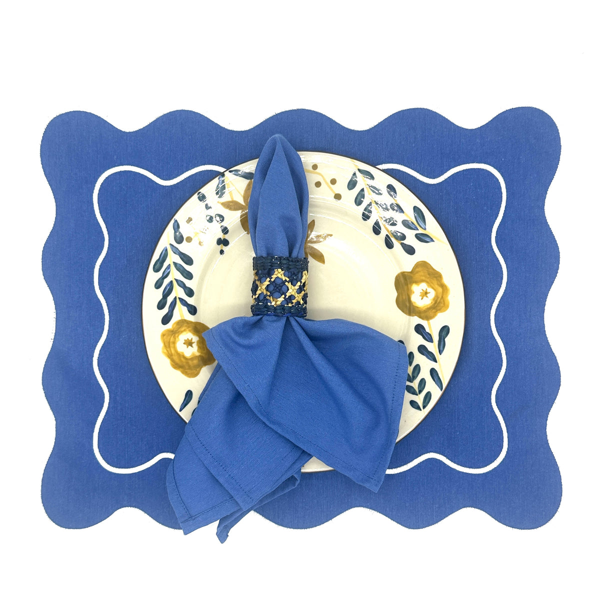 Individual antimanchas rectangular bordado ondas azul y blanco