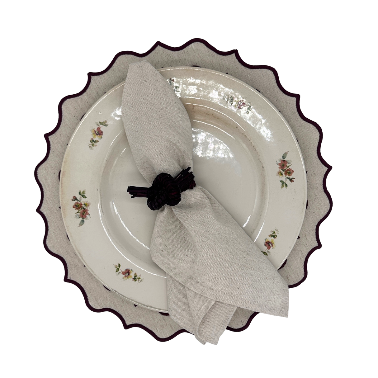 Individual antimanchas redondo bordado ondas beige y burdeos