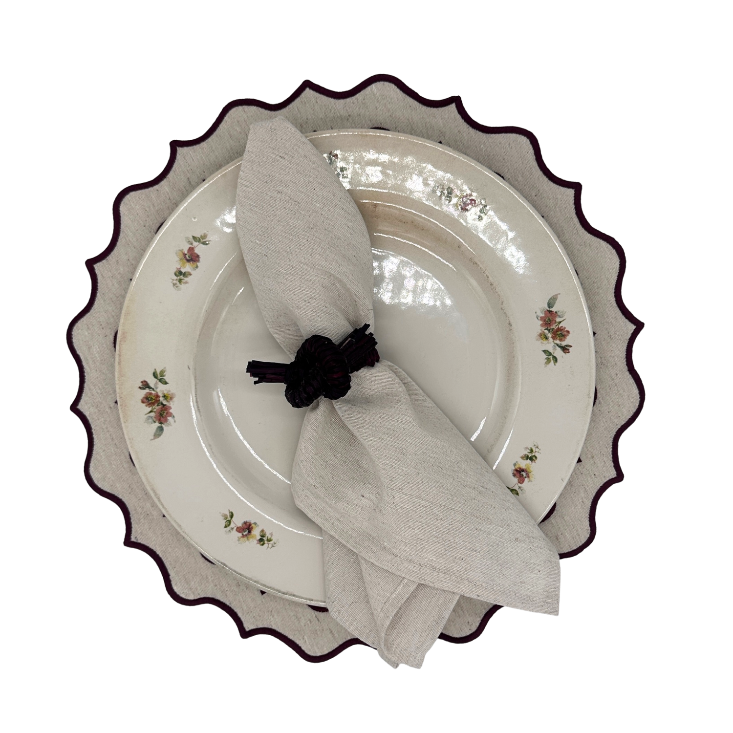 Individual antimanchas redondo bordado ondas beige y burdeos