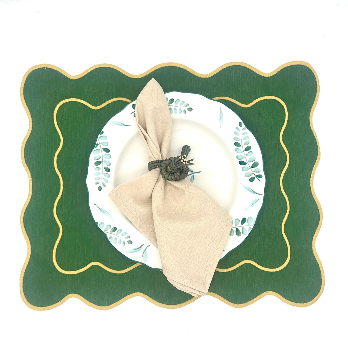 Individual antimanchas rectangular bordado ondas verde y ocre