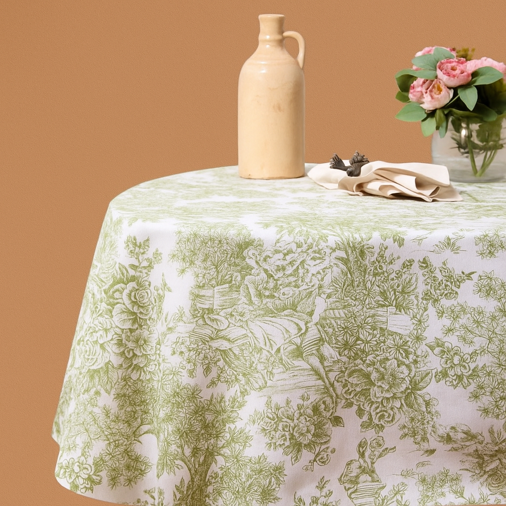 Mantel antimanchas redondo Toile de Jouy Verde