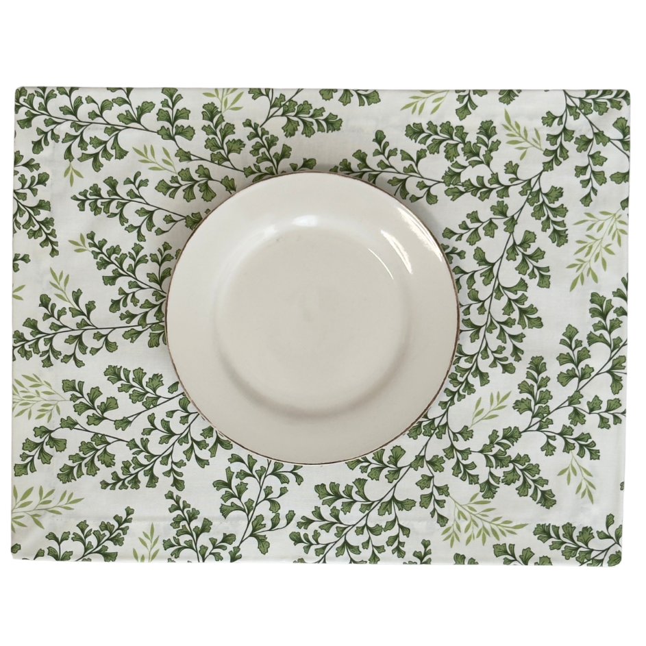 Set 4 Individuales antimanchas Helechos + Panera Helechos + Camino Helechos +4 Servilletas lino bordado Hojas