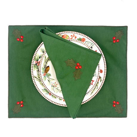 Individual antimanchas rectangular verde bordados acebo