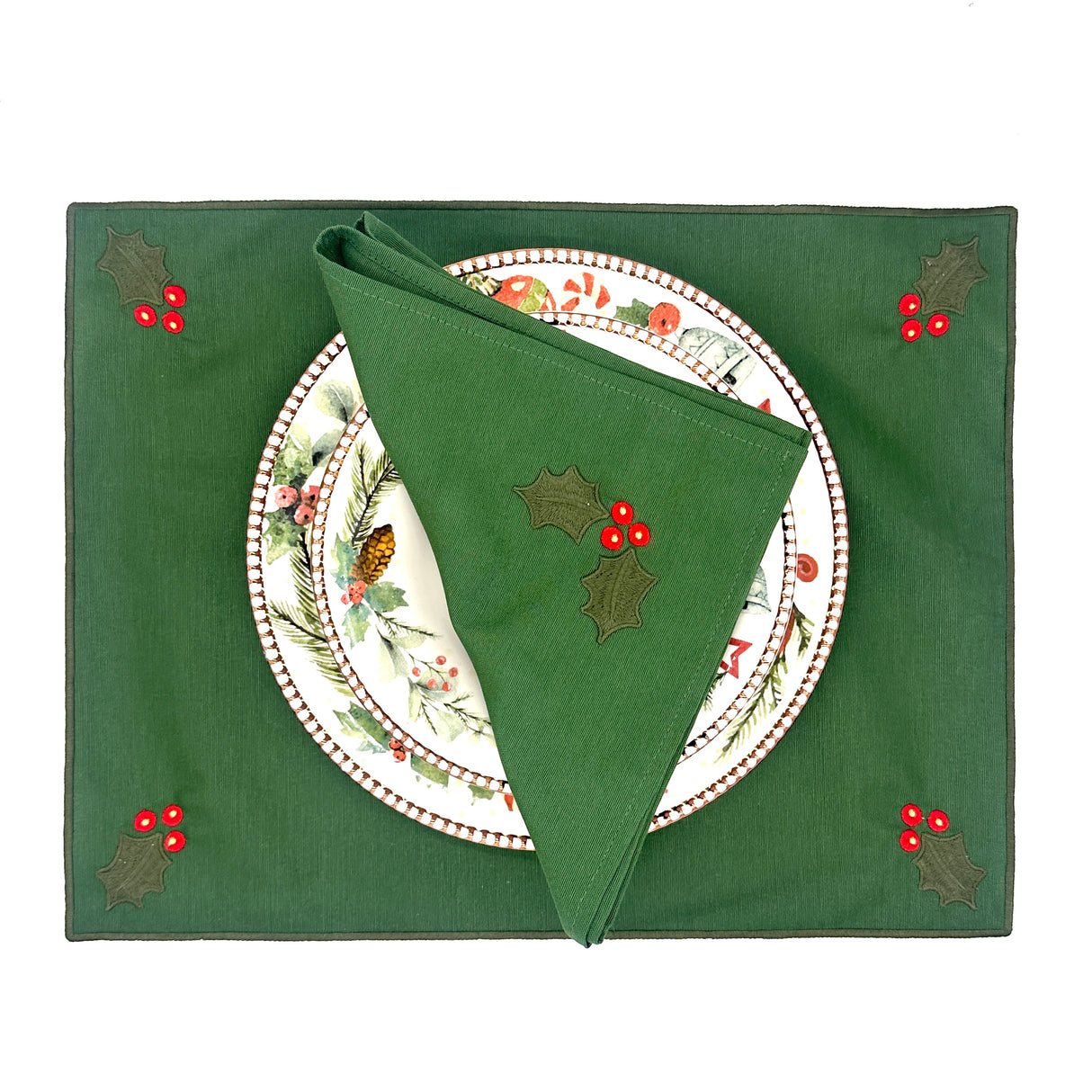 Individual antimanchas rectangular verde bordados acebo