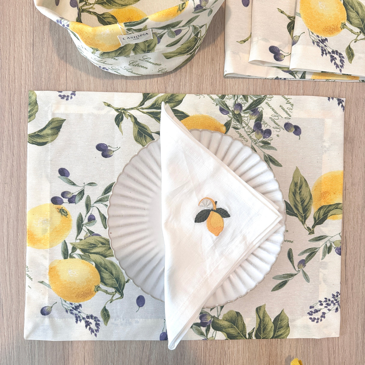 Set 4 Individuales antimanchas Limones + 4 Servilletas bordadas Limones+Panera Limones