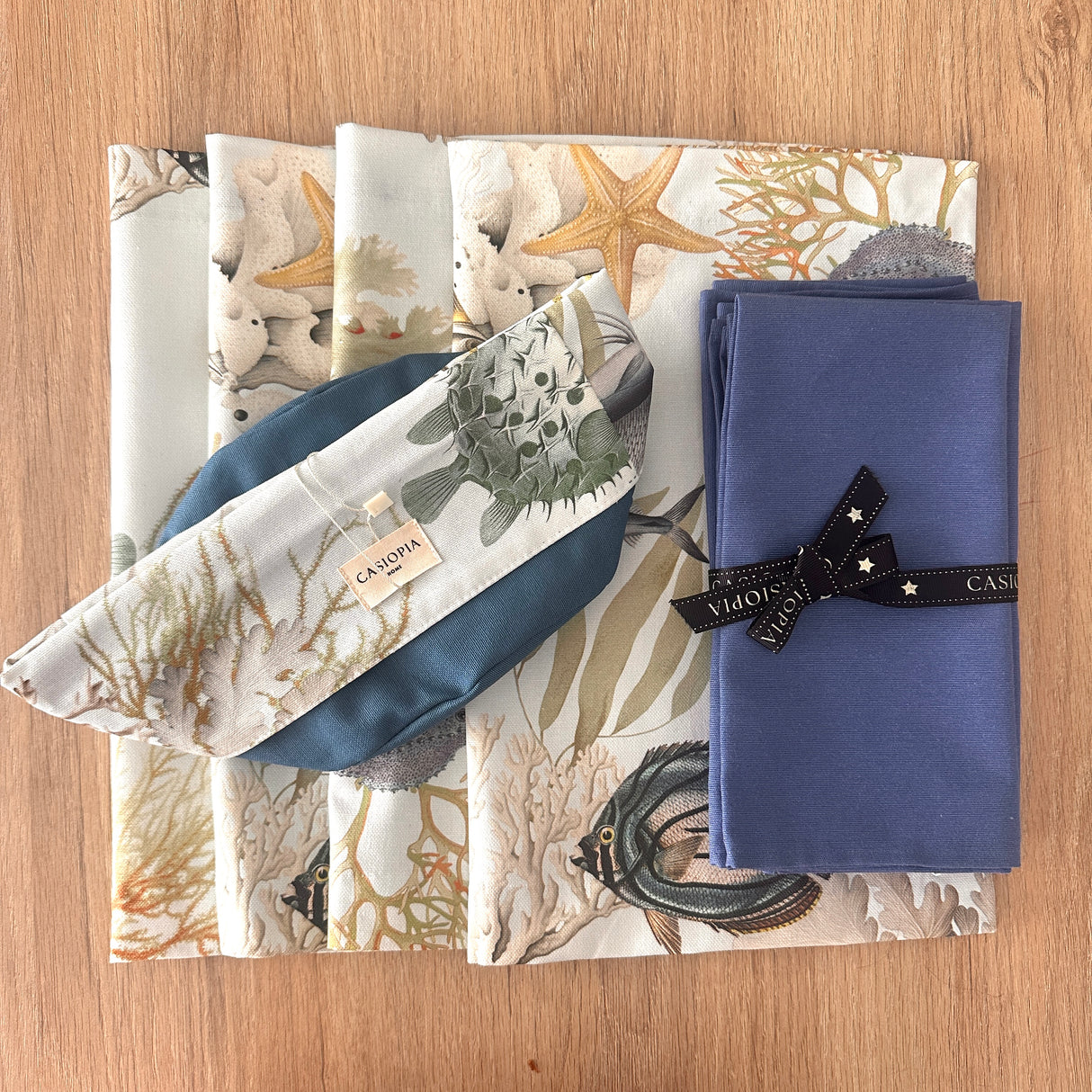 Set 4 Individuales Acuario + 4 servilletas azulino + panera