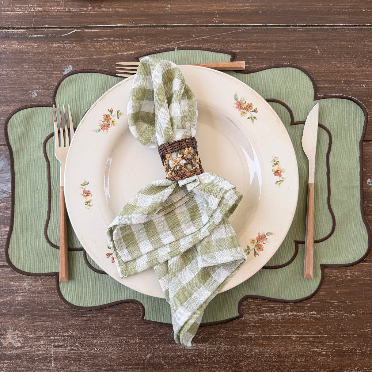 Set 4 Servilletas algodón Vichy verde olivo
