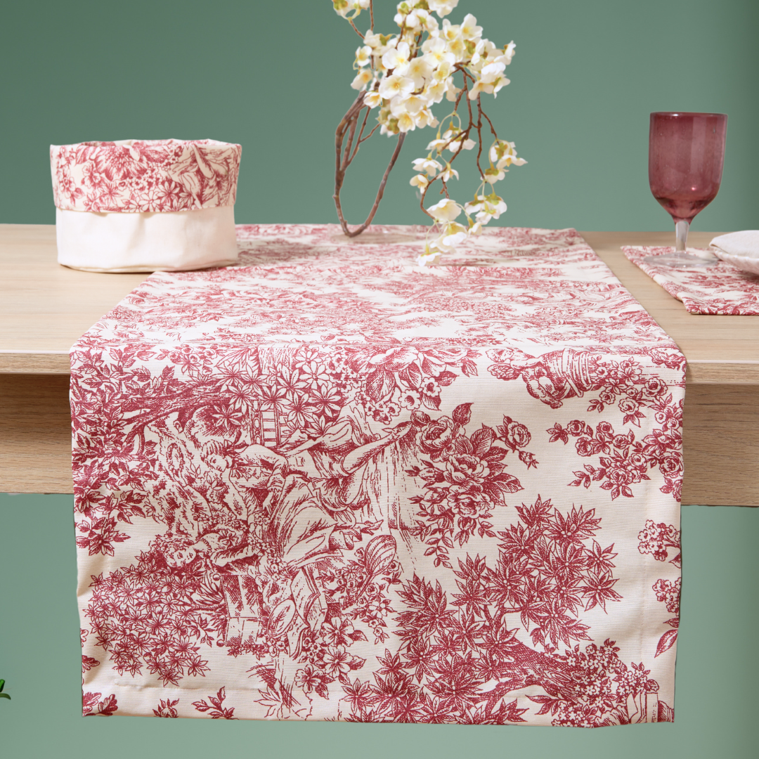 Camino de mesa antimanchas Toile de Jouy granate