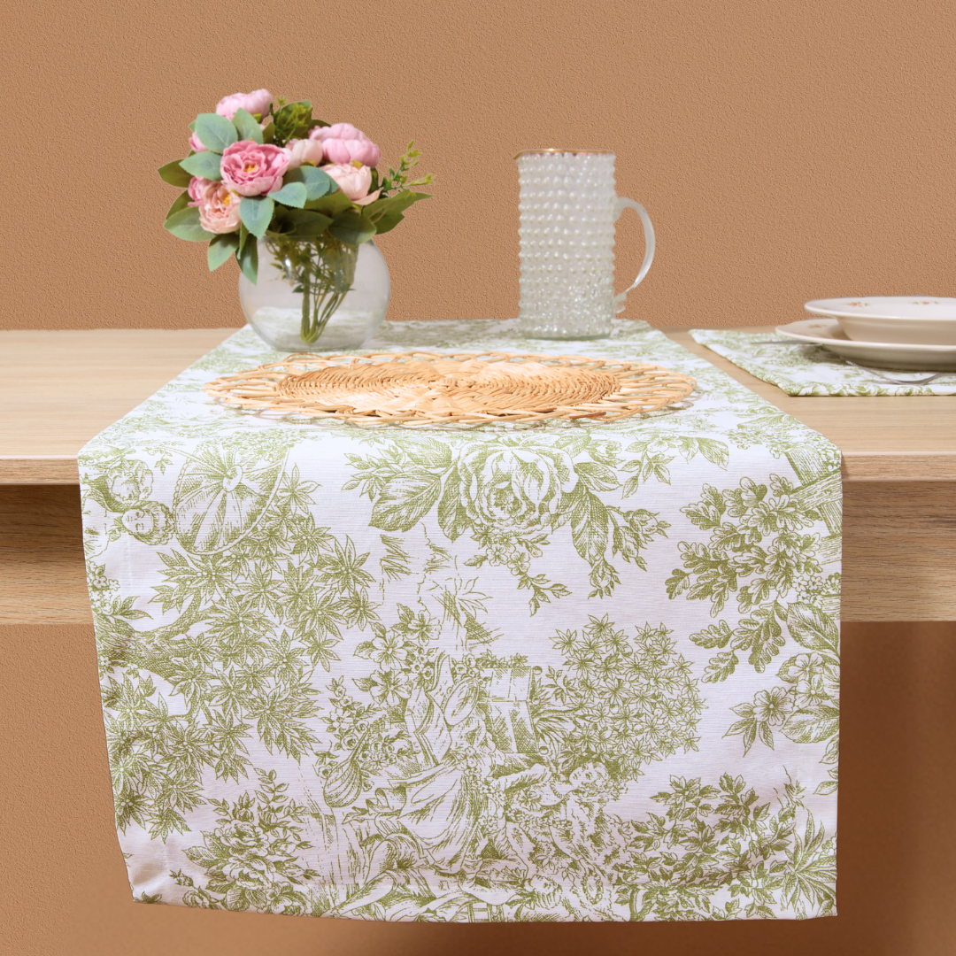 Camino de mesa antimanchas Toile de Jouy Verde