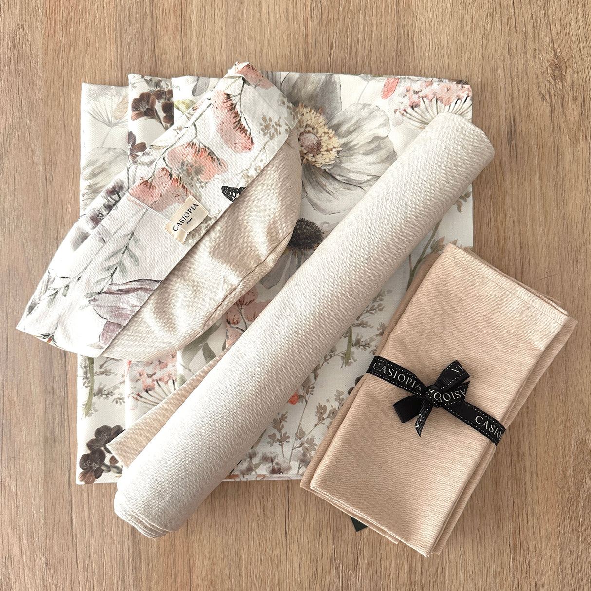 Set 4 Individuales antimanchas Natura+ Camino beige + Panera Natura + Servilletas beige