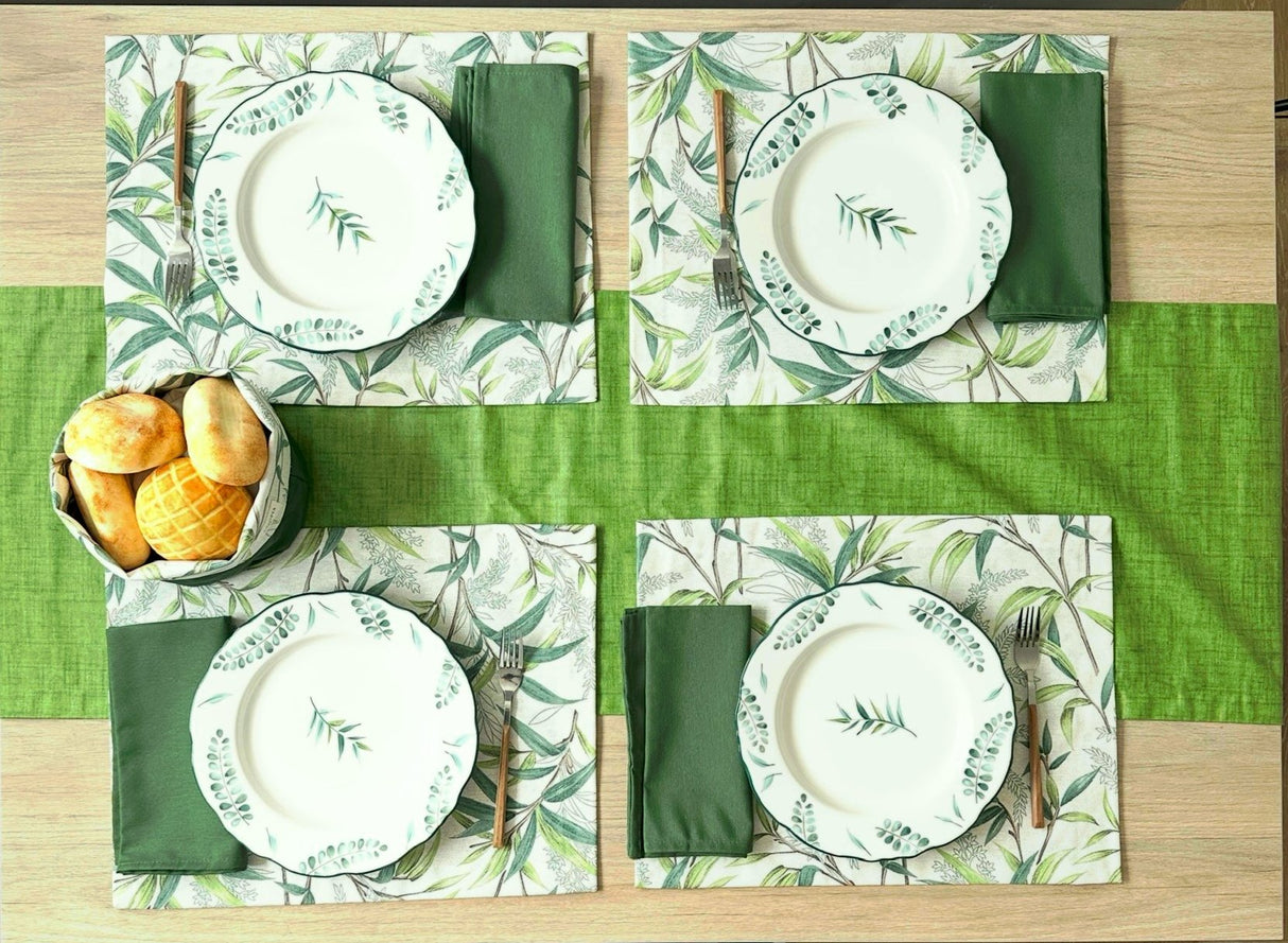 Set 4 Individuales antimanchas Bambú + Camino de mesa Olimpia verde