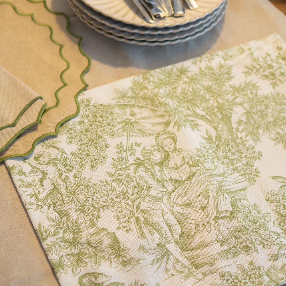 Individual antimanchas redondo beige bordado ondas verde