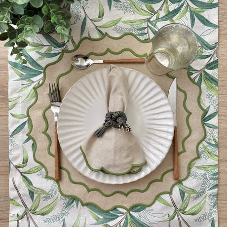 Individual antimanchas redondo beige bordado ondas verde