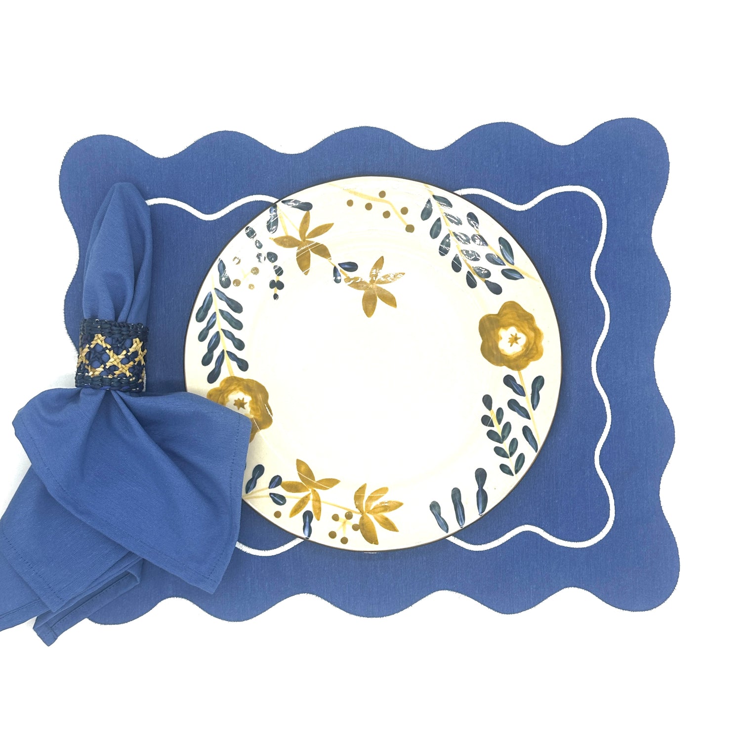 Individual antimanchas rectangular bordado ondas azul y blanco