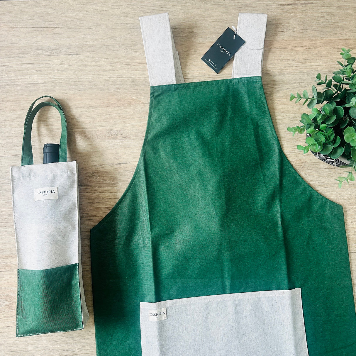 Pack portavinos + mandil parrillero hombre - Verde y Beige