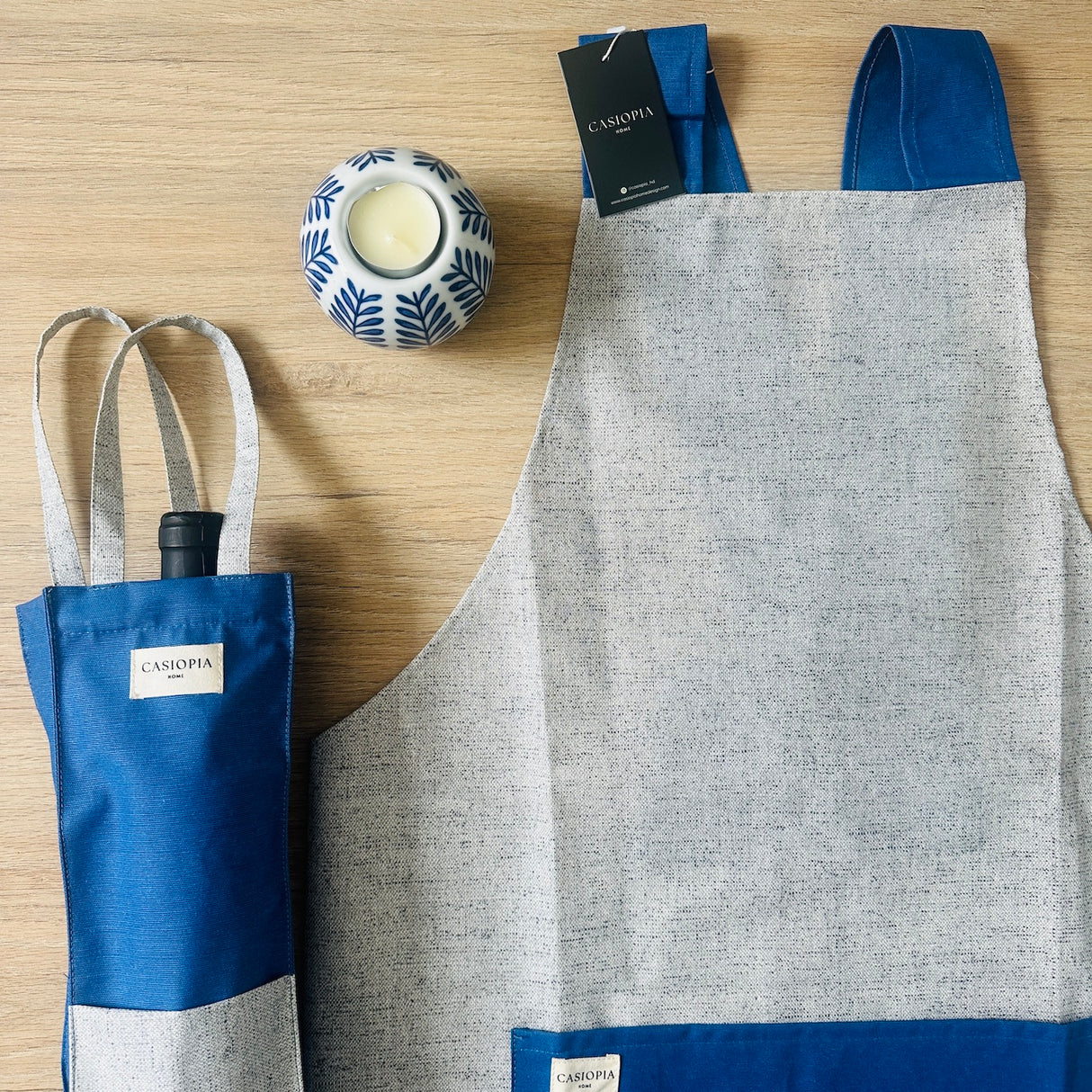 Pack Portavinos + Mandil parrillero hombre - Azul y Gris