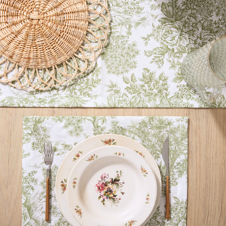 Camino de mesa antimanchas Toile de Jouy Verde