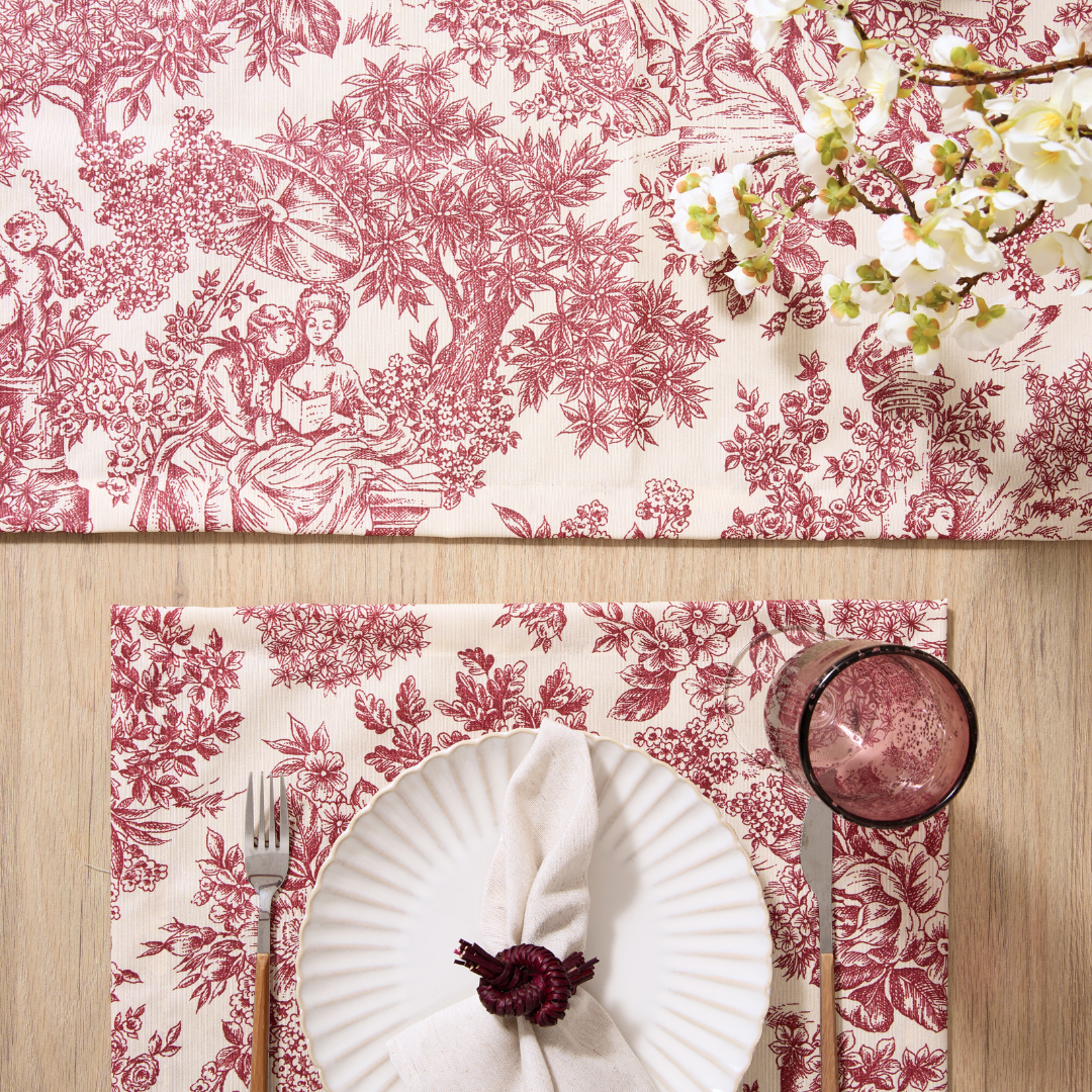 Camino de mesa antimanchas Toile de Jouy granate