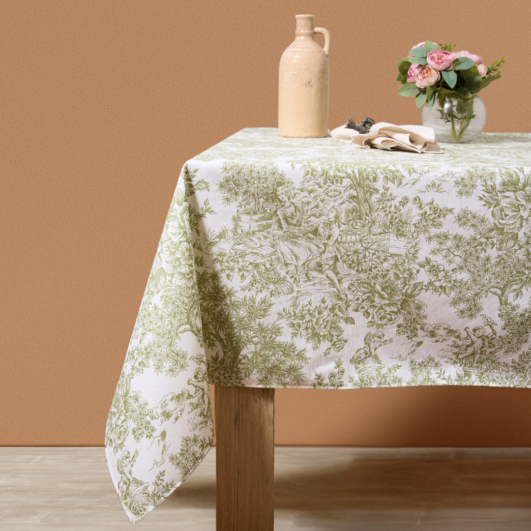 Mantel antimanchas rectangular Toile de Jouy verde
