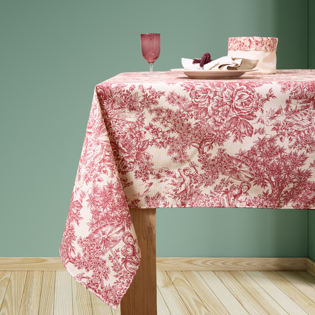 Mantel antimanchas rectangular Toile de Jouy granate