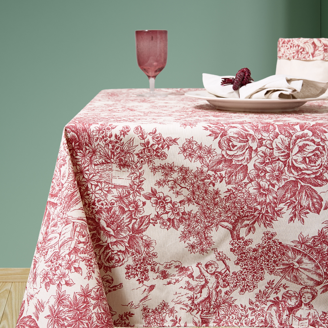 Mantel antimanchas rectangular Toile de Jouy granate