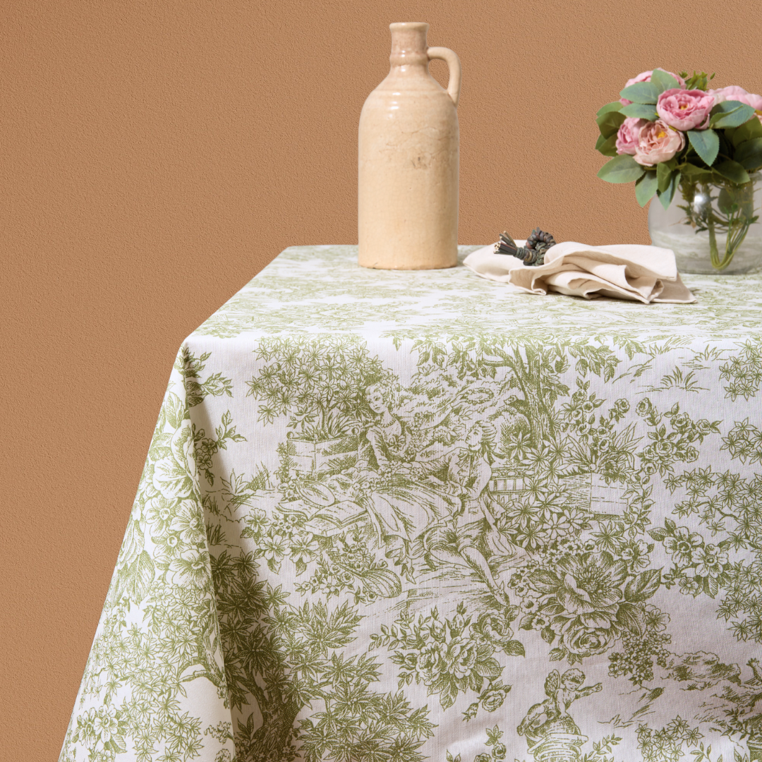 Mantel antimanchas rectangular Toile de Jouy verde