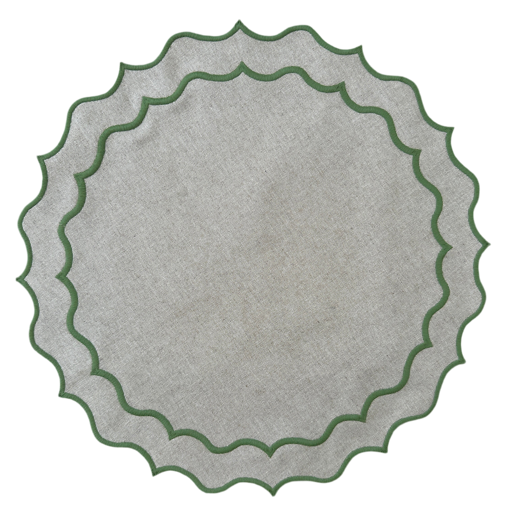 Individual antimanchas redondo beige bordado ondas verde