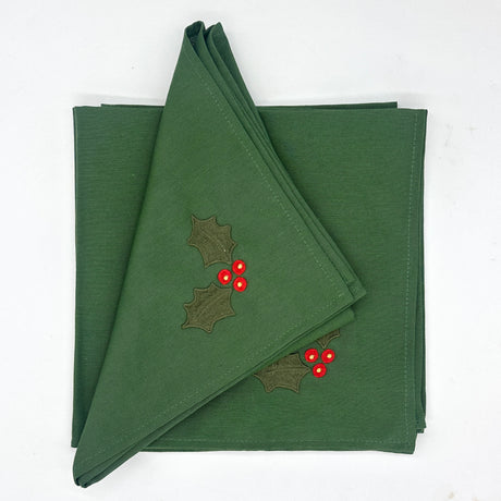 Set 4 Servilletas loneta verde bordado Acebo