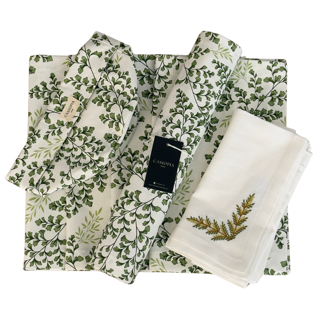 Set 4 Individuales antimanchas Helechos + Panera Helechos + Camino Helechos +4 Servilletas lino bordado Hojas