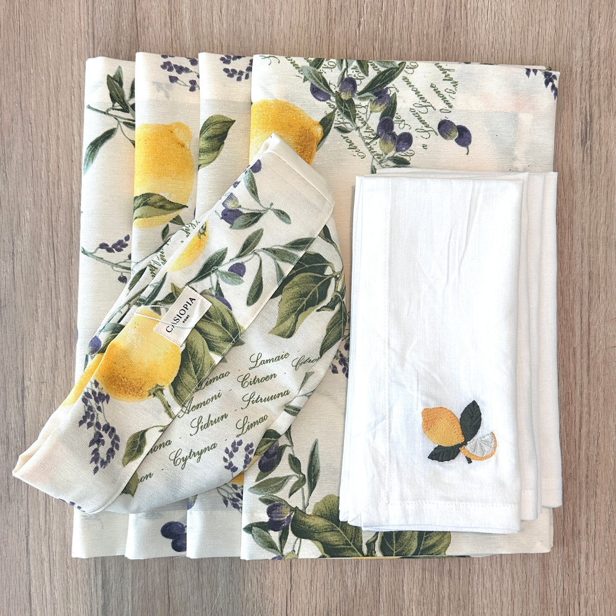 Set 4 Individuales antimanchas Limones + 4 Servilletas bordadas Limones+Panera Limones