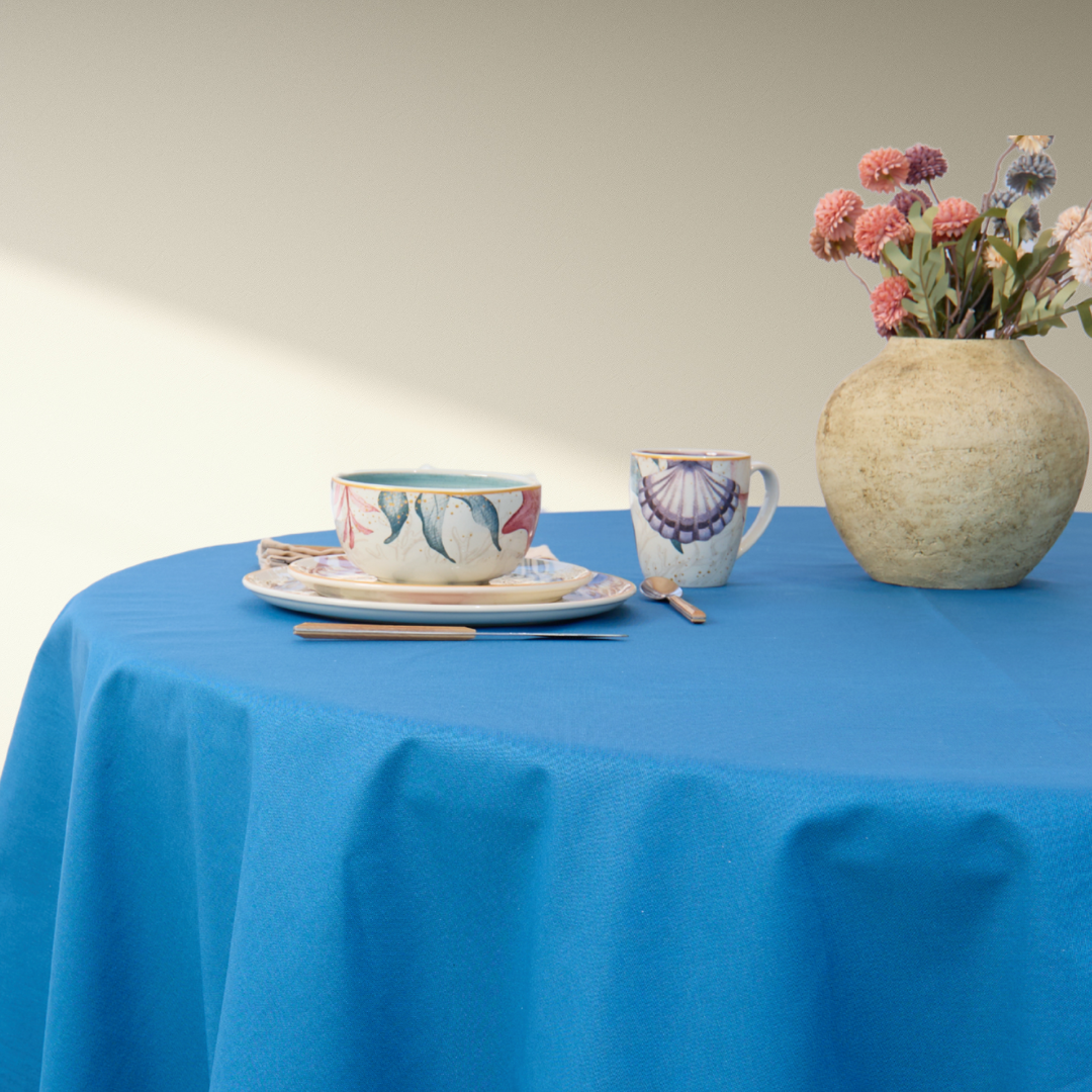 Mantel redondo antimanchas 100% algodón azul