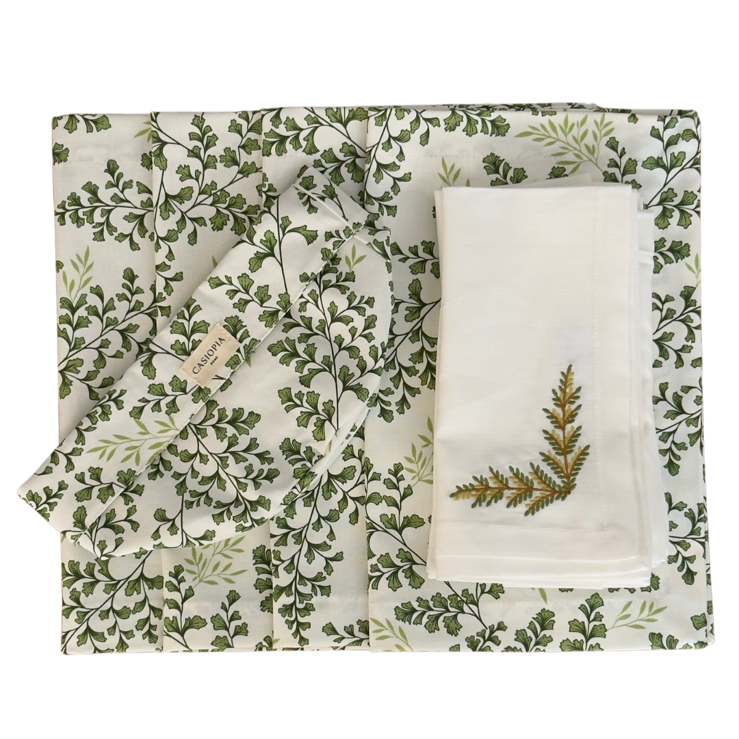 Set 4 Individuales antimanchas Helechos + Panera Helechos + 4 Servilletas lino bordado Hojas