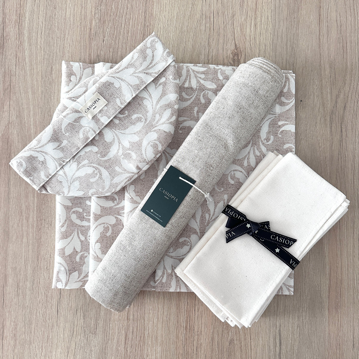 Set 4 Individuales antimanchas Vistalegre + Panera + Camino beige + Servilletas hueso