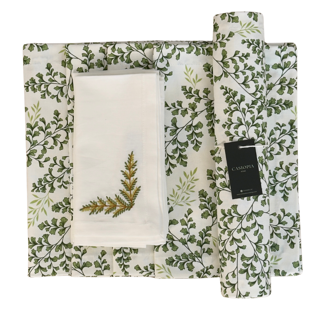 Set 4 Individuales antimanchas Helechos + Camino Helechos + 4 Servilletas lino bordado Hojas