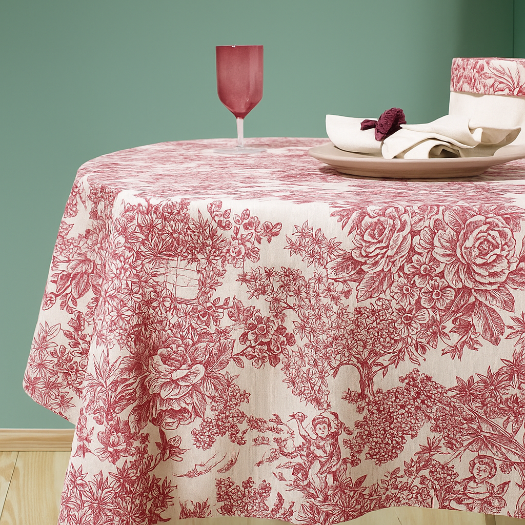 Mantel antimanchas redondo Toile de Jouy Rojo