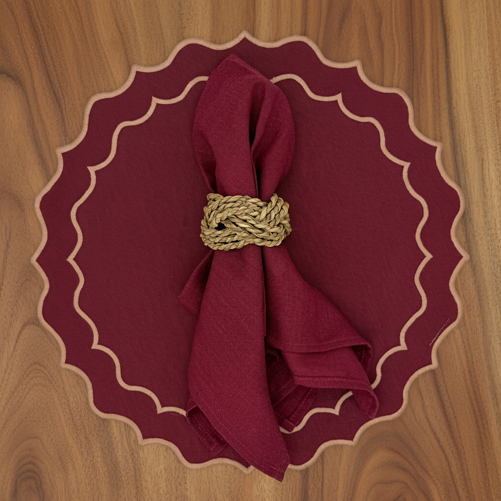 Individual antimanchas redondo bordado ondas granate y beige