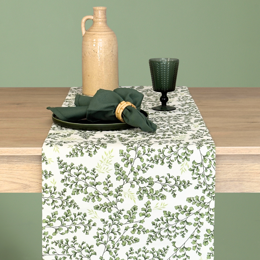 Set 4 Individuales antimanchas Helechos + Panera Helechos + Camino Helechos +4 Servilletas lino bordado Hojas