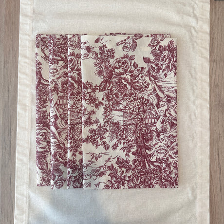 Set 4 Individuales antimanchas Toile de Jouy granate + Camino Hueso