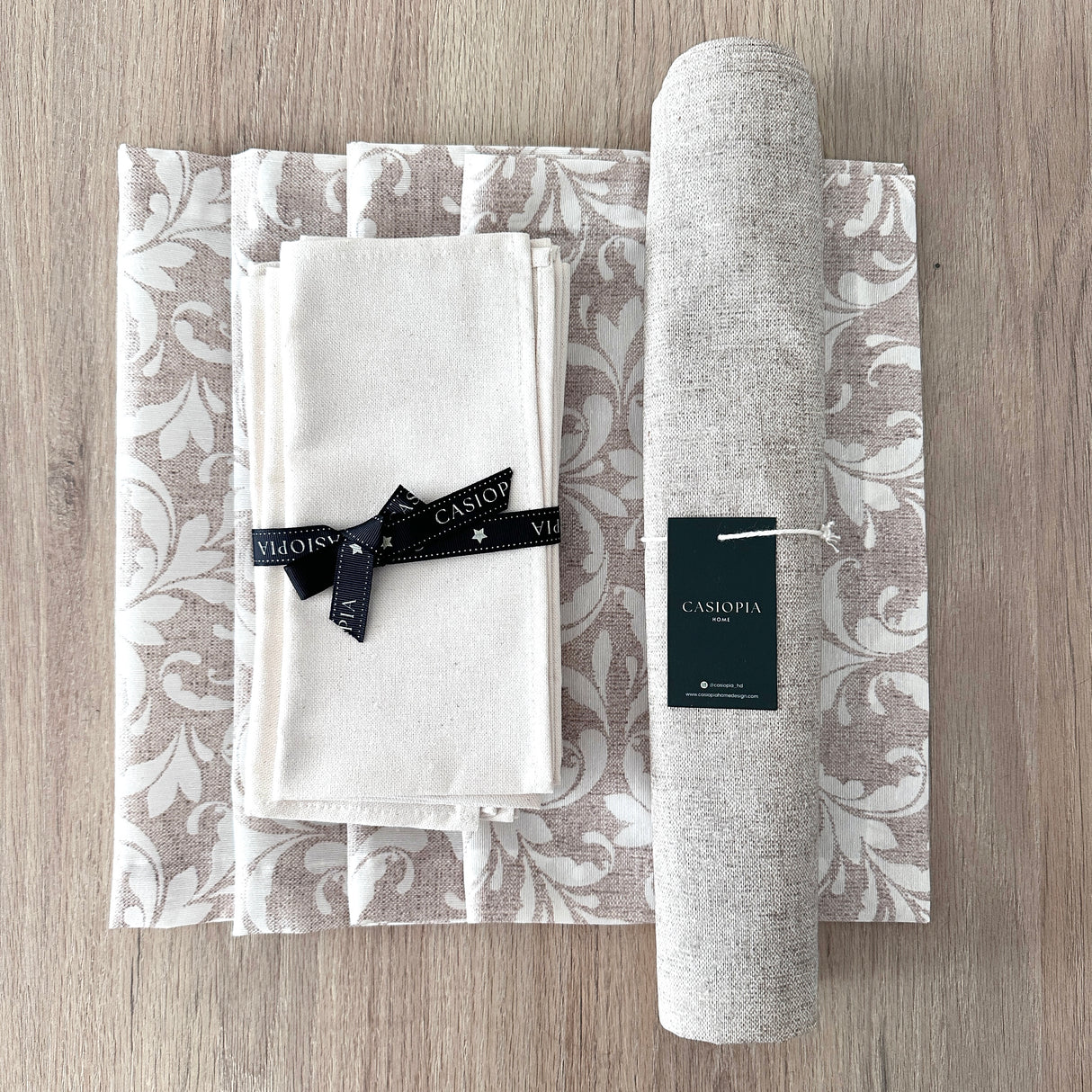 Set 4 Individuales antimanchas Vistalegre + Camino Beige + Servilletas hueso