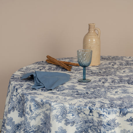 Mantel antimanchas redondo Toile de Jouy Azul