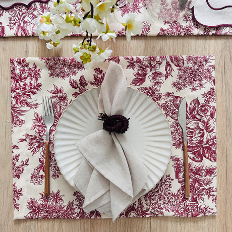 Set 4 Individuales antimanchas Toile de Jouy granate + Panera