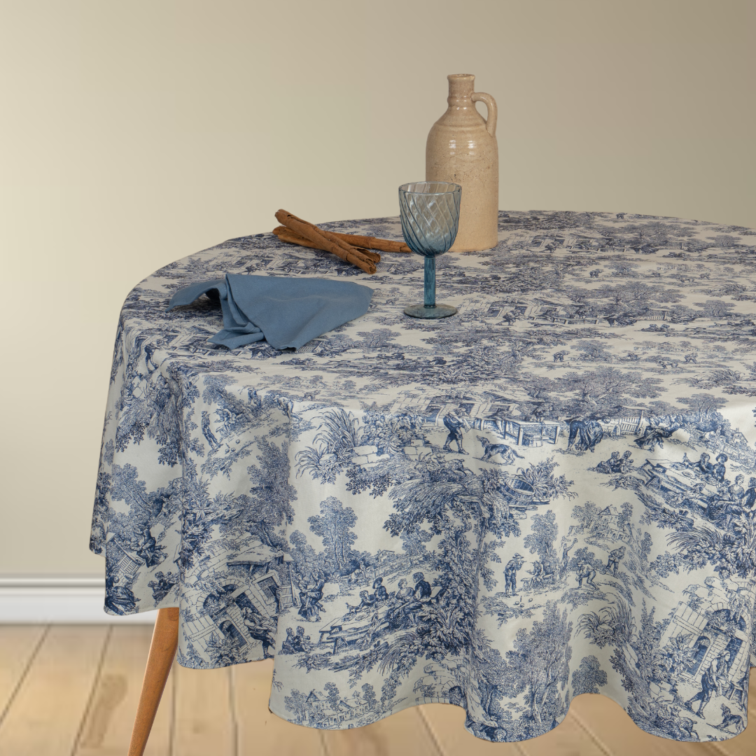 Mantel antimanchas redondo Toile de Jouy Azul