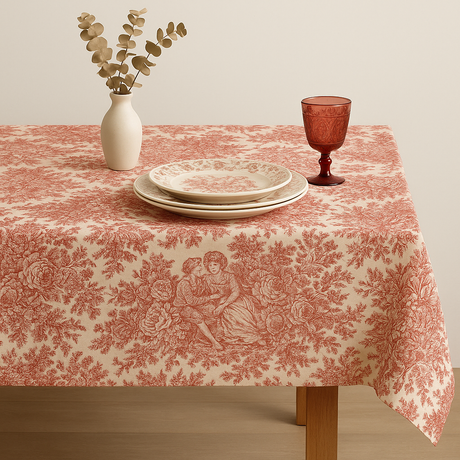 Mantel antimanchas cuadrado Toile de Jouy Rojo